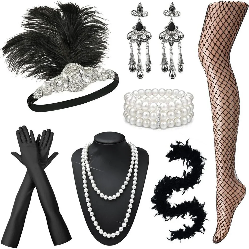 1920s Flapper Accessories Set Womens Costume Headband Gloves Pearl